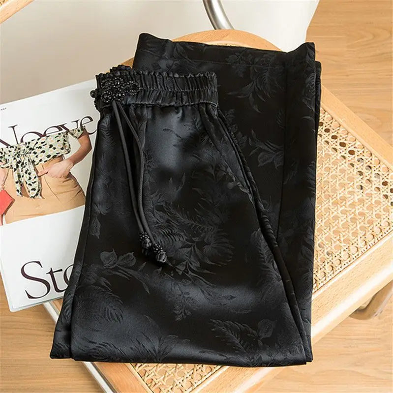 Black Vintage Elastic High Waist Lace Up Wide Leg Loose Women's Pants Korean Fashion Full-Length Pants For Women Spring