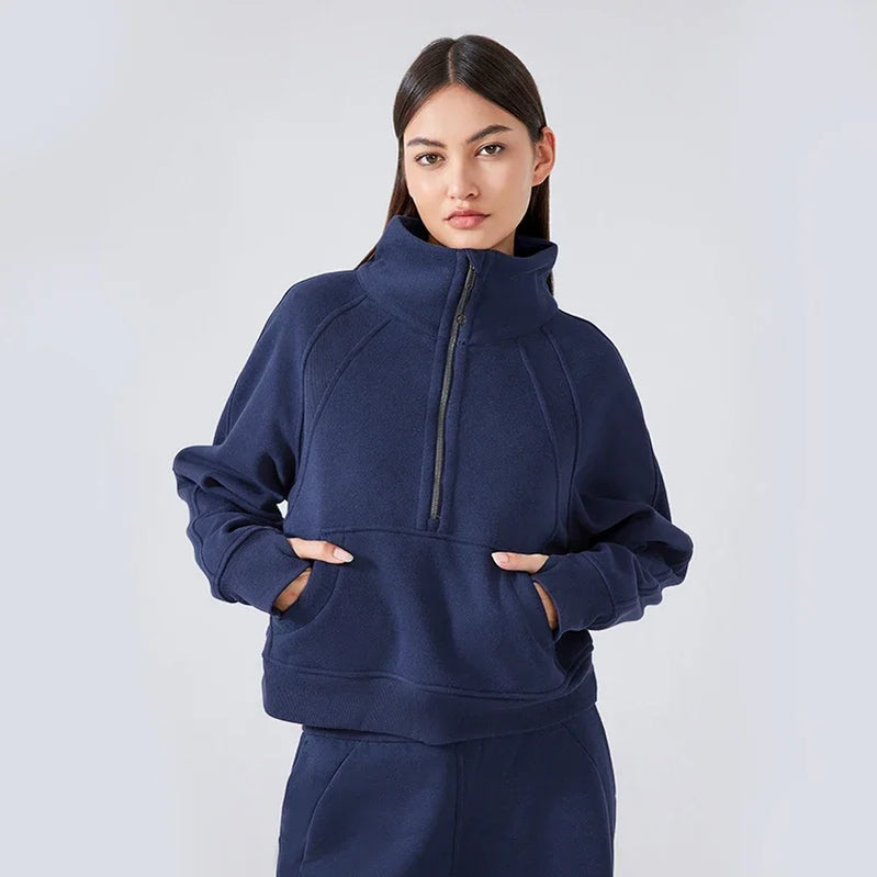 Autumn New Half Zipper High Stand Collar Pullover Top for Women's , Warm and Fleece Thick Sports Hoodie for External Wear