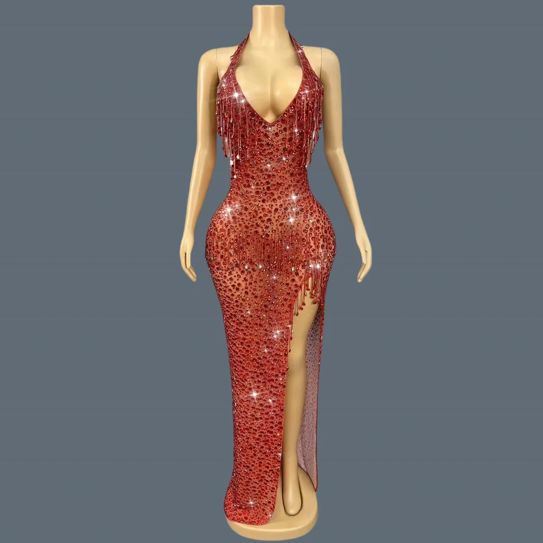 Black Tassel Sparkly Crystals Deep V Neck Evening Gown Low-cut Long Dress Birthday Celebrate Party Photo Shoot Wear Wulongweibo