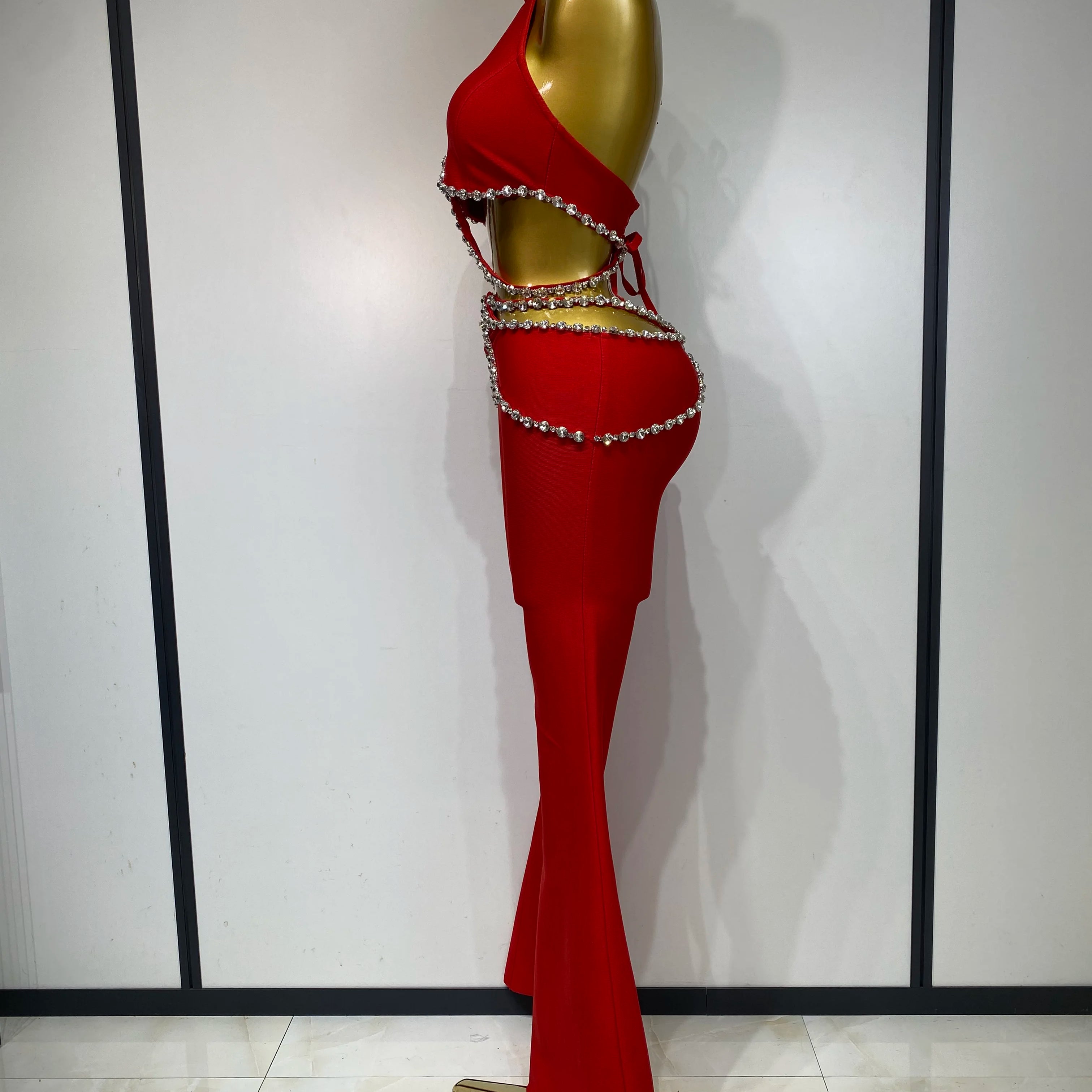 Women Luxury Rhinestone Red Sexy Cut Out Two Piece Pants Bandage Set 2025 Celebrity Designer Fashion Women's Set Stage Outfit