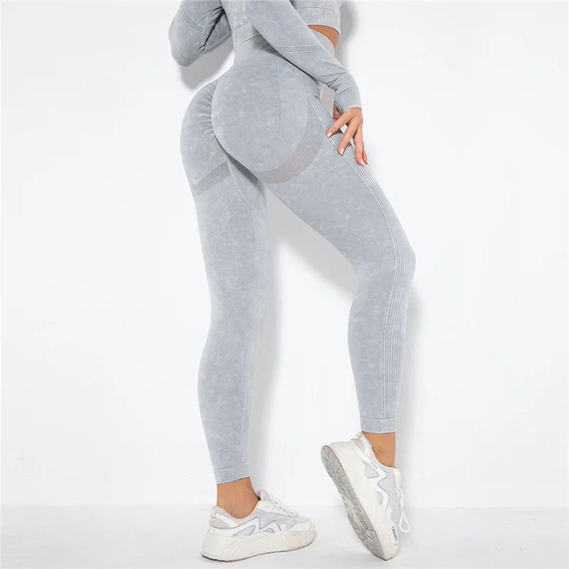 Women Seamless Yoga Set Fitness Sports Suits Gym Clothing Long Sleeve Crop Top Shirts High Waist Running Leggings Workout Pants Light Gray 1pc