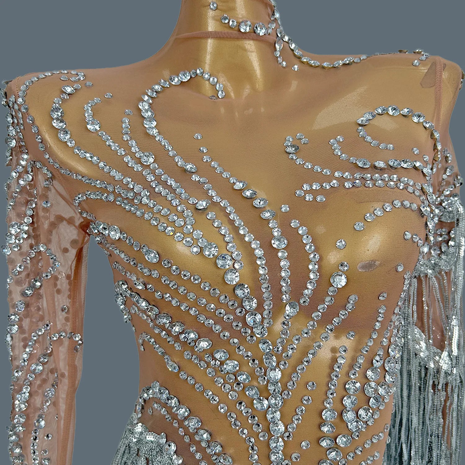 Stunning White Pearls Mini Dresses Club Show Long Sequins Tassel See Through Mesh Dress Birthday Party Dance Event Wear Fumao