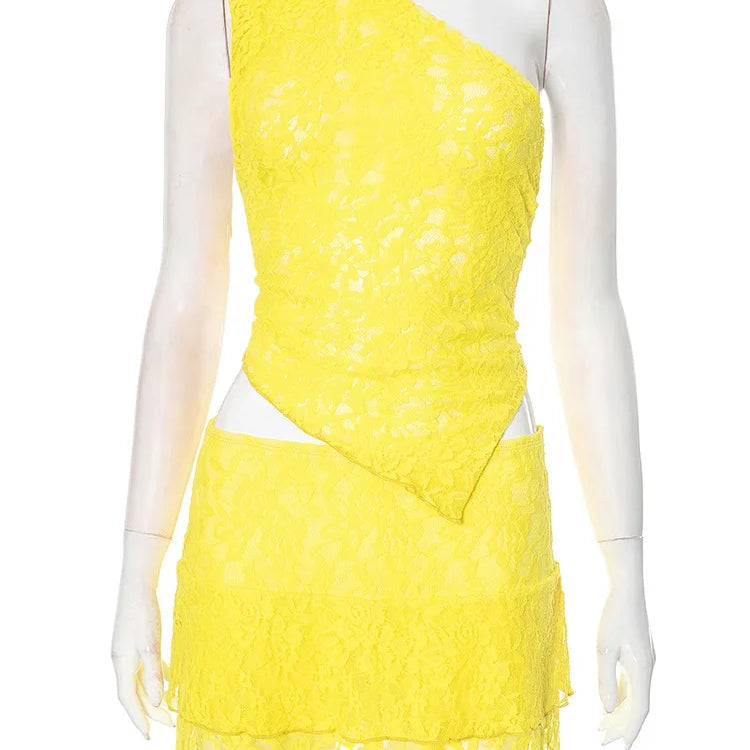 Sexy Slim Fit Women's Two-piece Set Patchwork Irregular Lace Top And Fashion Short Skirt Two-piece Set Ladies Outfits