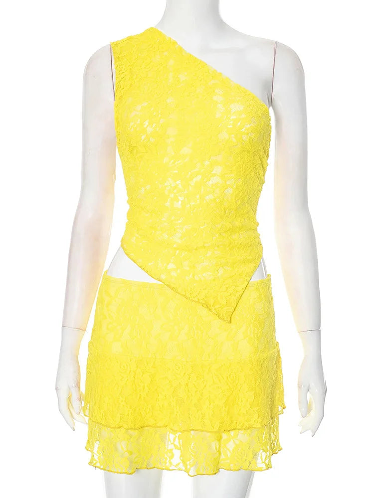 Sexy Slim Fit Women's Two-piece Set Patchwork Irregular Lace Top And Fashion Short Skirt Two-piece Set Ladies Outfits