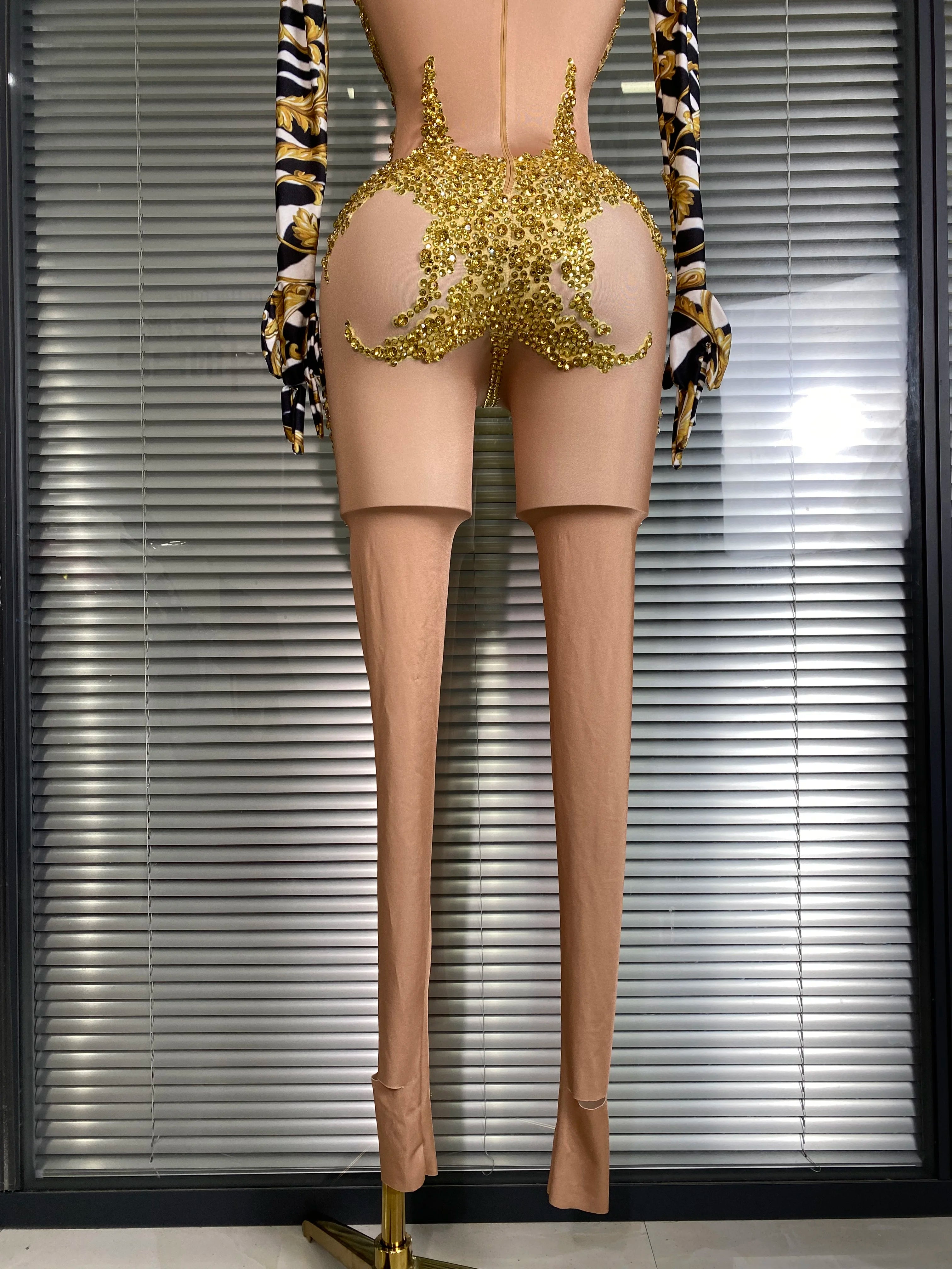 Women Sexy Skin Gold Bodycon Jumpsuit Celebrity Designer Singer Dancer Night Club Rompers