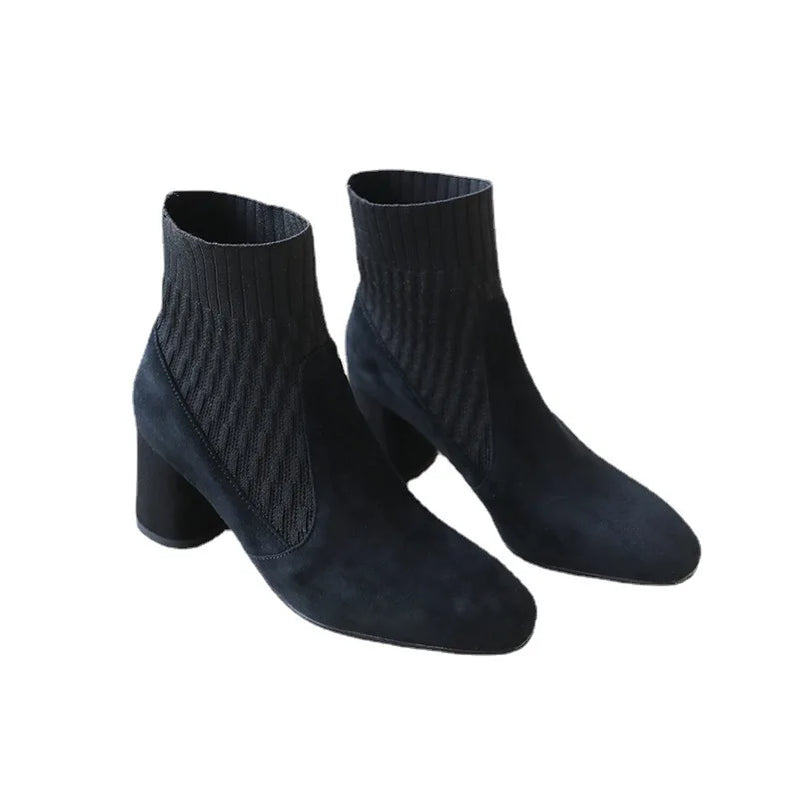 Pointed Ankle Boots Winter Women Casual Chelsea Boots Women Medium Heel Knitted Sock Boots Women Faux Suede Female Heels