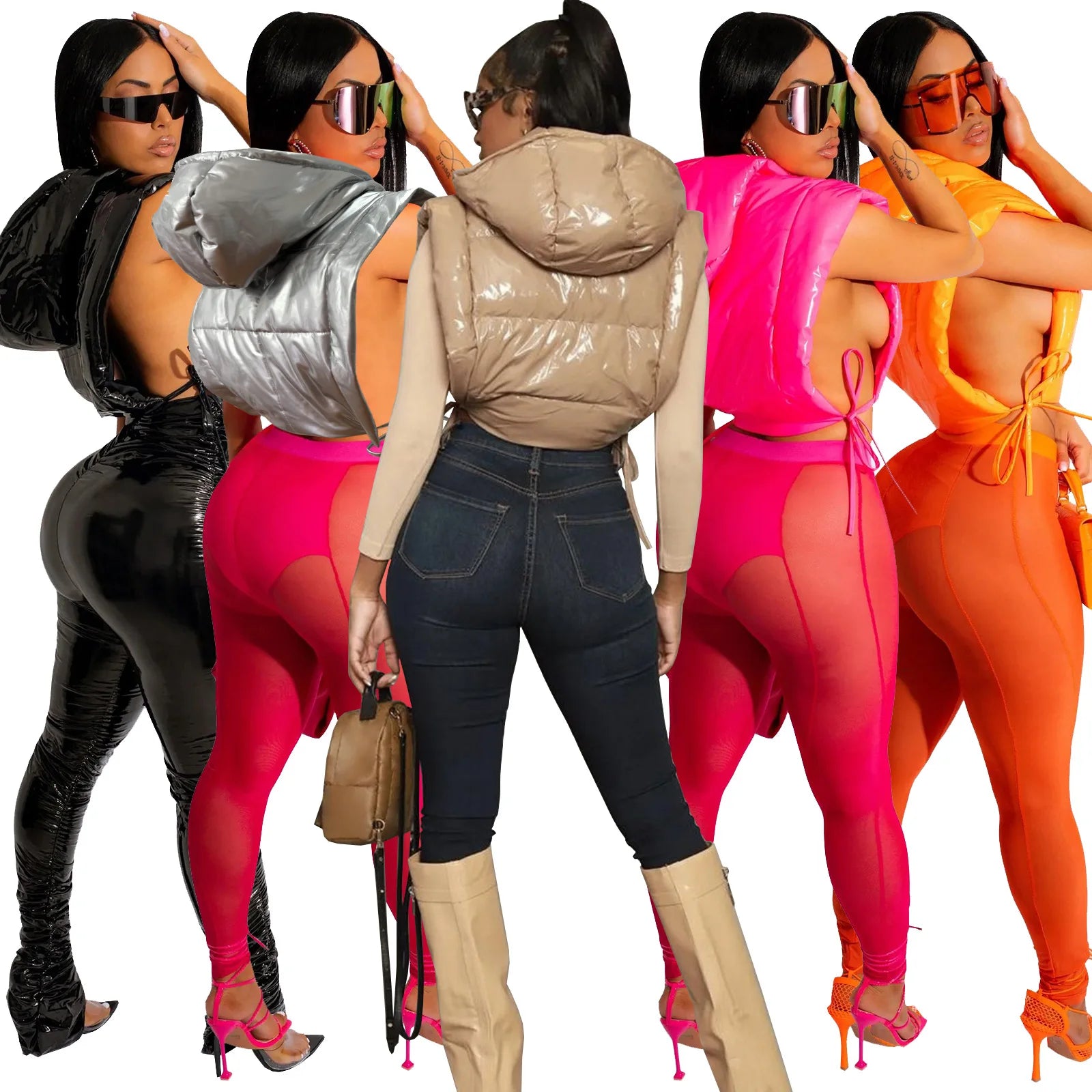 Sexy Side Slit Hooded Puff Jacket Vests Women Bandage Zipper Up Crop Tops Winter Autumn Casual Solid Clothes Streetwear