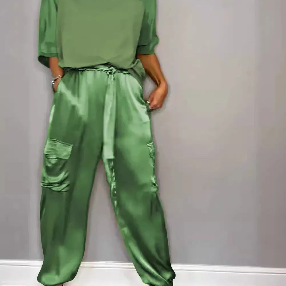 Summer Satin 2 Piece Set Women Casual Solid Color 2 Piece Outfit Half Sleeve Tops Loose Fit Pants Suit Two Piece Sets Green