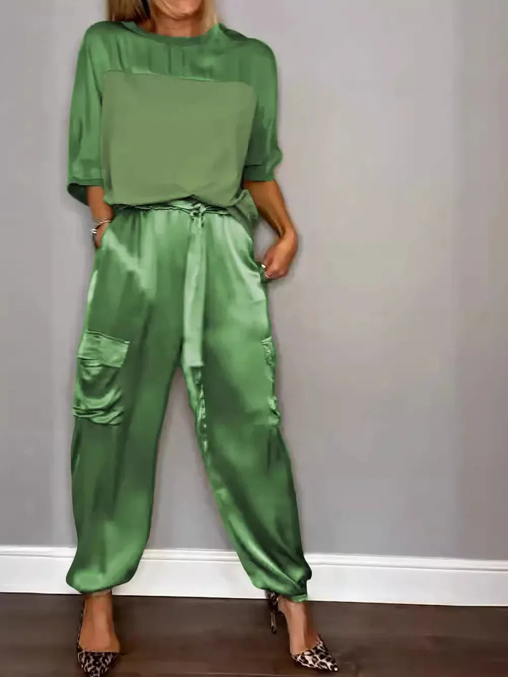 Summer Satin 2 Piece Set Women Casual Solid Color 2 Piece Outfit Half Sleeve Tops Loose Fit Pants Suit Two Piece Sets Green