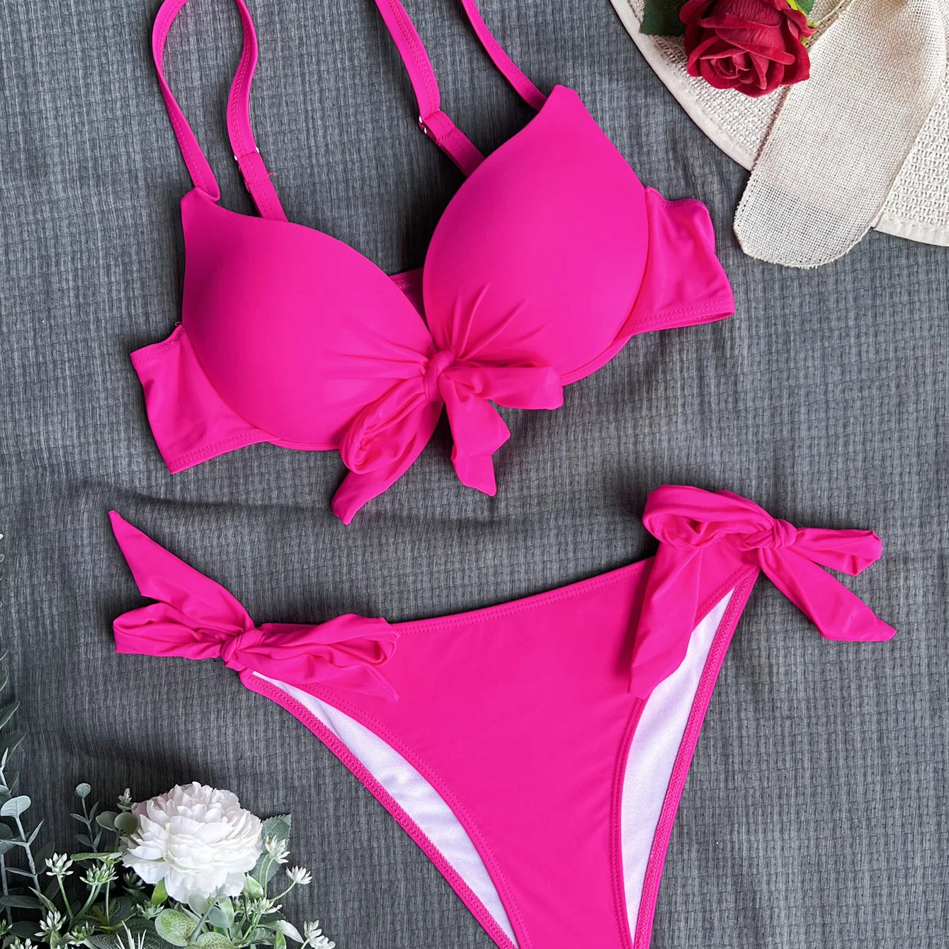 sexy front bow knot push up bikinis two pieces solid swimsuit tie bikini swimsuit Swimwear Biquini conjunto de bikini tankini Rose Red