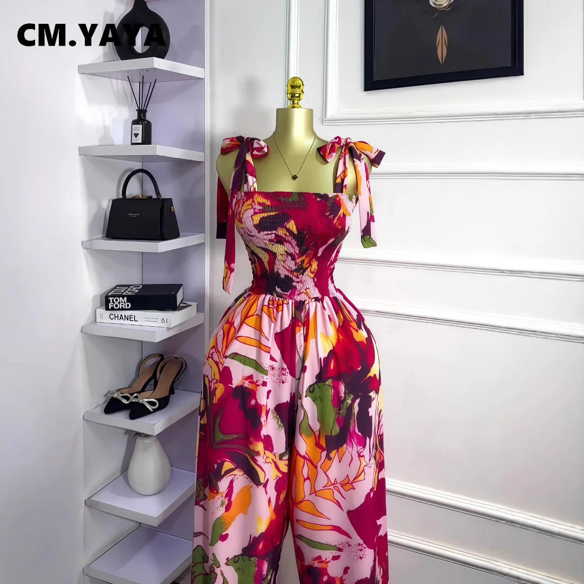CM.YAYA Leaf Printed Women Bowknot Shoulder Sleeveless Jumpsuits 2025 Summer Beach Boho Holiday Outfits One Piece Suit Romper