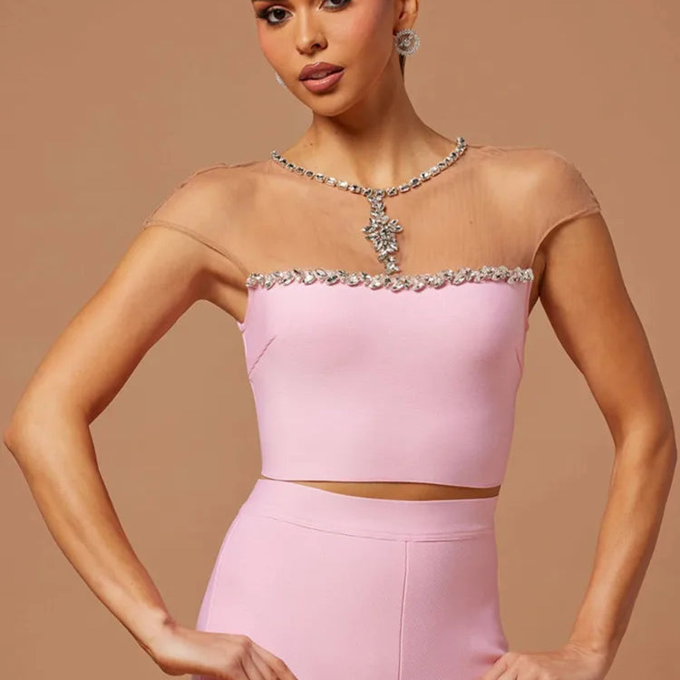 Women Luxury Sexy Mesh Crystal Beading Pink Two Piece Pants Bandage Set 2023 Celebrity Designer Fashion Women's Set