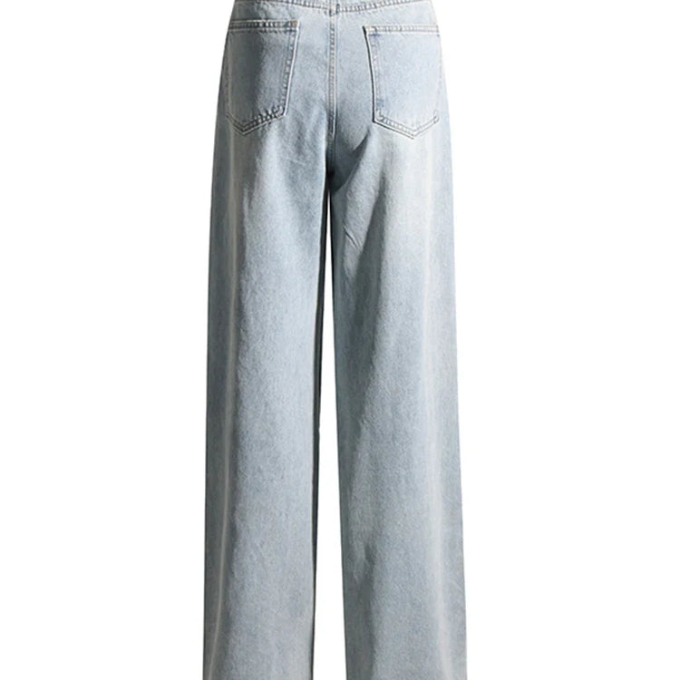 Patchwork Diamonds Casual Denim Trousers For Women High Waist Spliced Button Solid Loose Straight Jeans Female Fashion