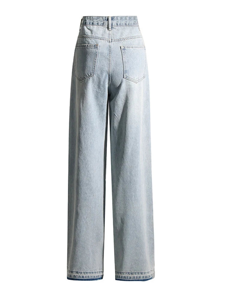 Patchwork Diamonds Casual Denim Trousers For Women High Waist Spliced Button Solid Loose Straight Jeans Female Fashion