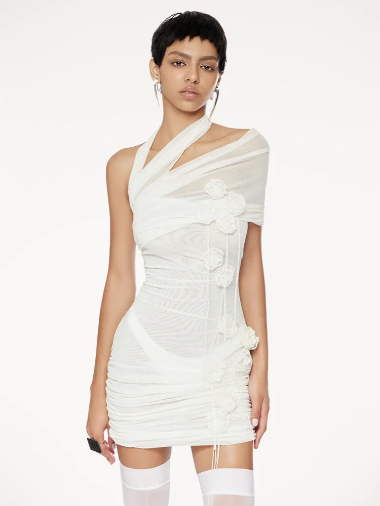 White Color Women Sexy Mesh See Through Florlas Bodycon Mini Dress Celebrate Girls'Vacation Birthday Party Cocktail Outfit