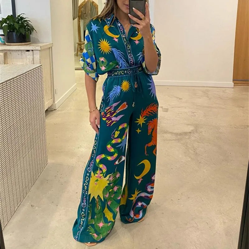 Autumn Cartoon Print Pant Suit Women Elegant Turn Down Collar Shirts + Loose Wide Leg Pants 2 Pieces Sets Women Outfits Clothing