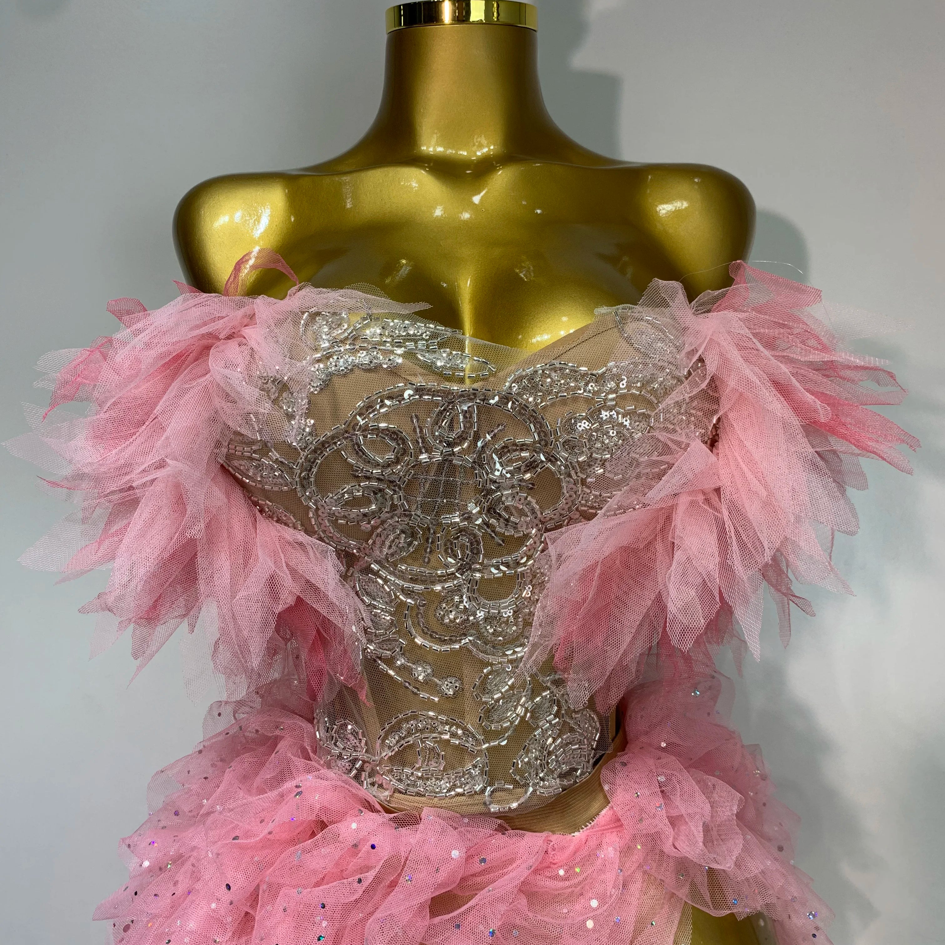 Women Sexy Strapless Ruffles two Pieces Set Bodycon Long Dress High Split Fashion Nightclub Party Birthday  Singer Stage Outfit