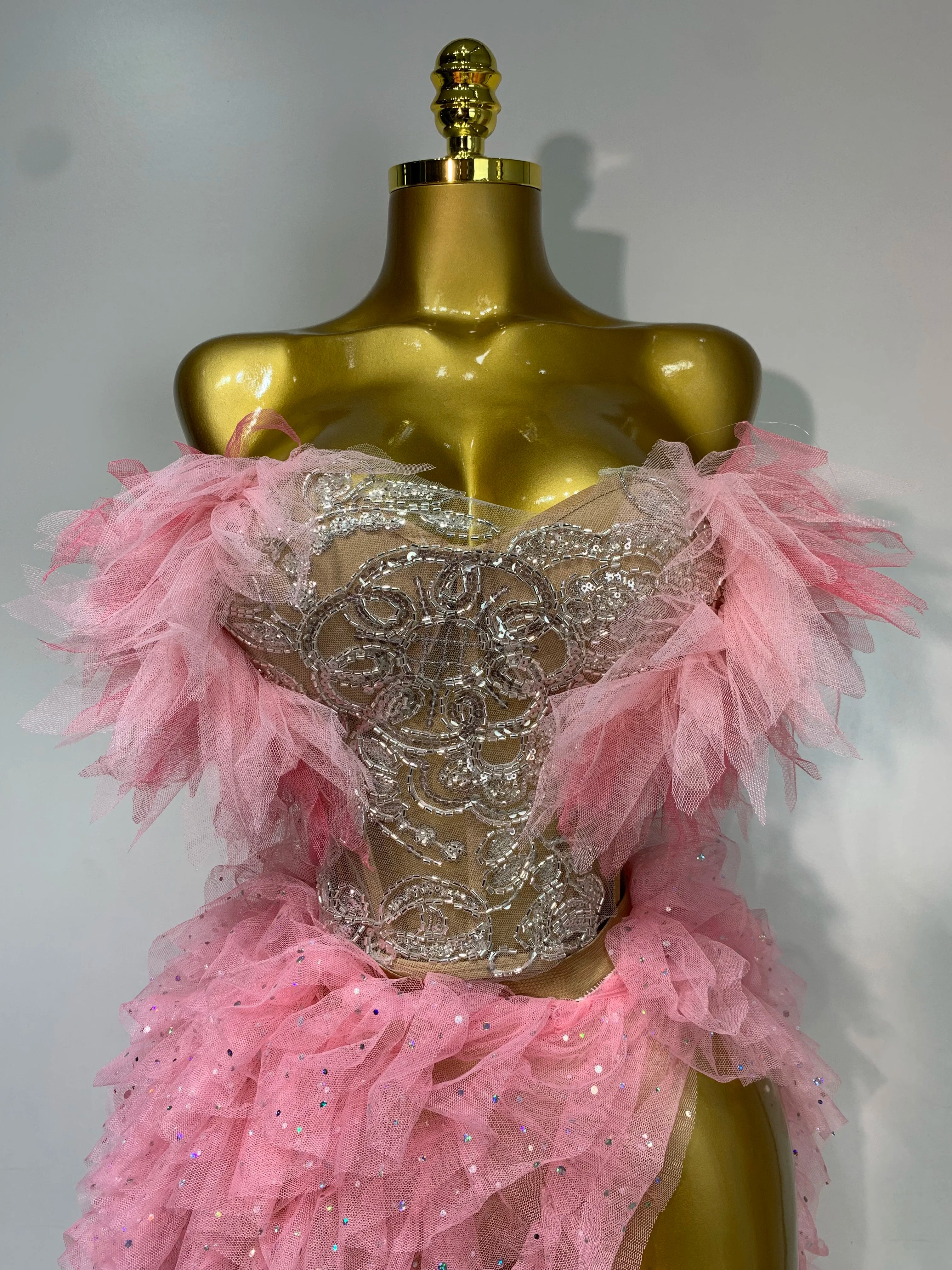 Women Sexy Strapless Ruffles two Pieces Set Bodycon Long Dress High Split Fashion Nightclub Party Birthday  Singer Stage Outfit