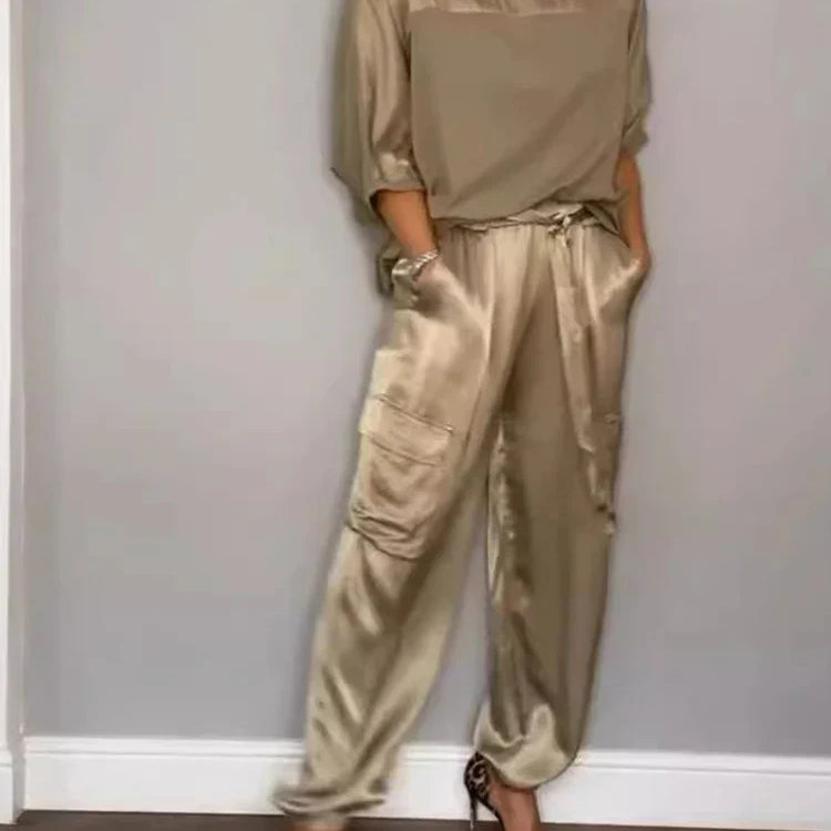 Fashion Solid Color Satin Two Piece Set Women Round Neck New Spring Summer Top Long Pants Casual Loose Two Piece Set Khaki