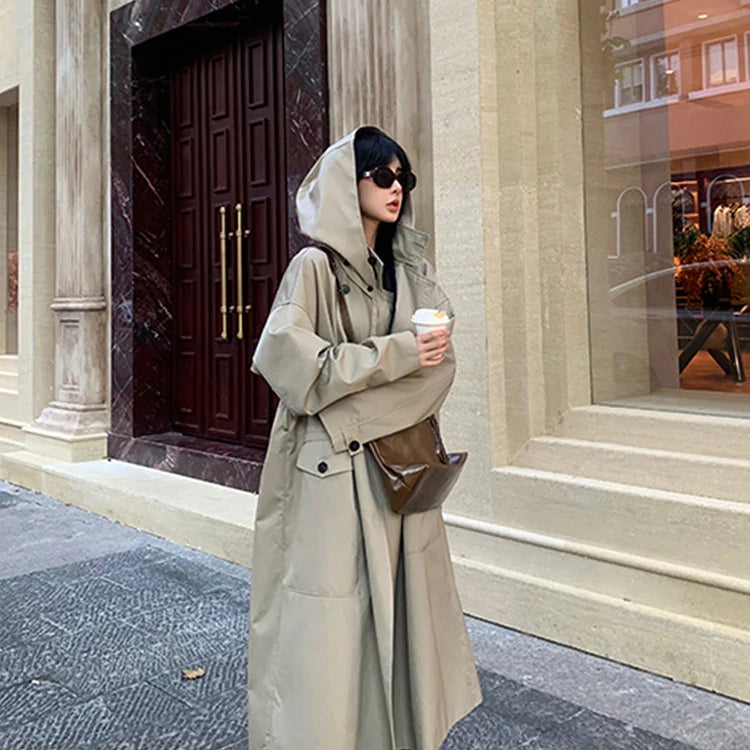 Spring Autumn Long Oversized Light Khaki Trench Coat for Women with Hood Double Breasted Loose Casual Overcoat 2024