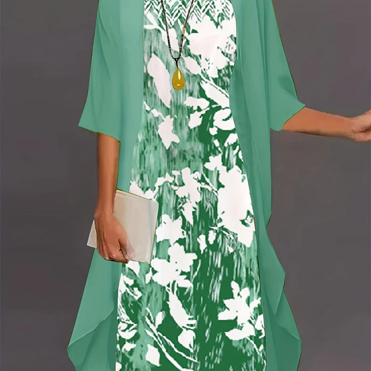 Plus Size 2024 Autumn Women's Floral Printed Long Dress Printed Pattern Two-piece Dress Round Neck Temperament Elegant Dress