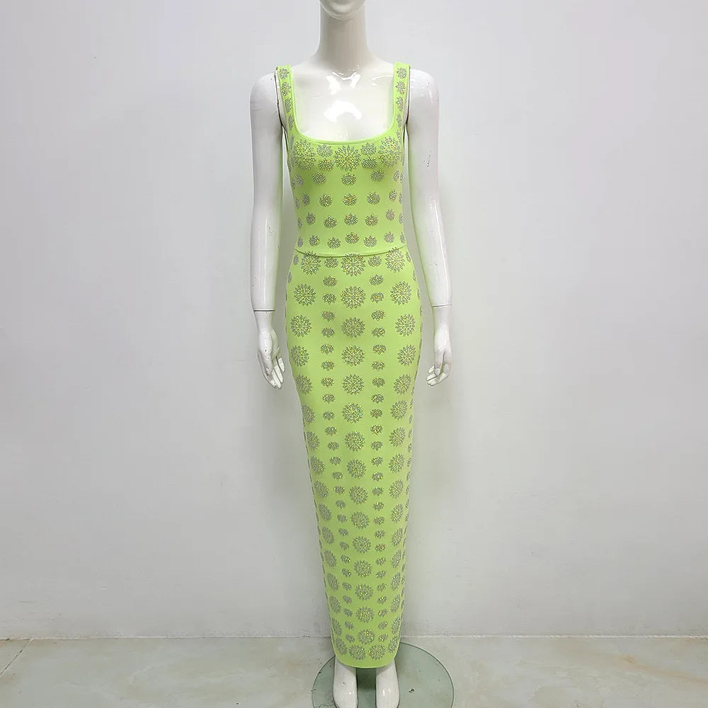 Shinning Rhinestones Women Sleeveless Sexy O-Neck Bodycon Long Bandage Dress Fashion Celebrate Evening Party Cocktail Dress