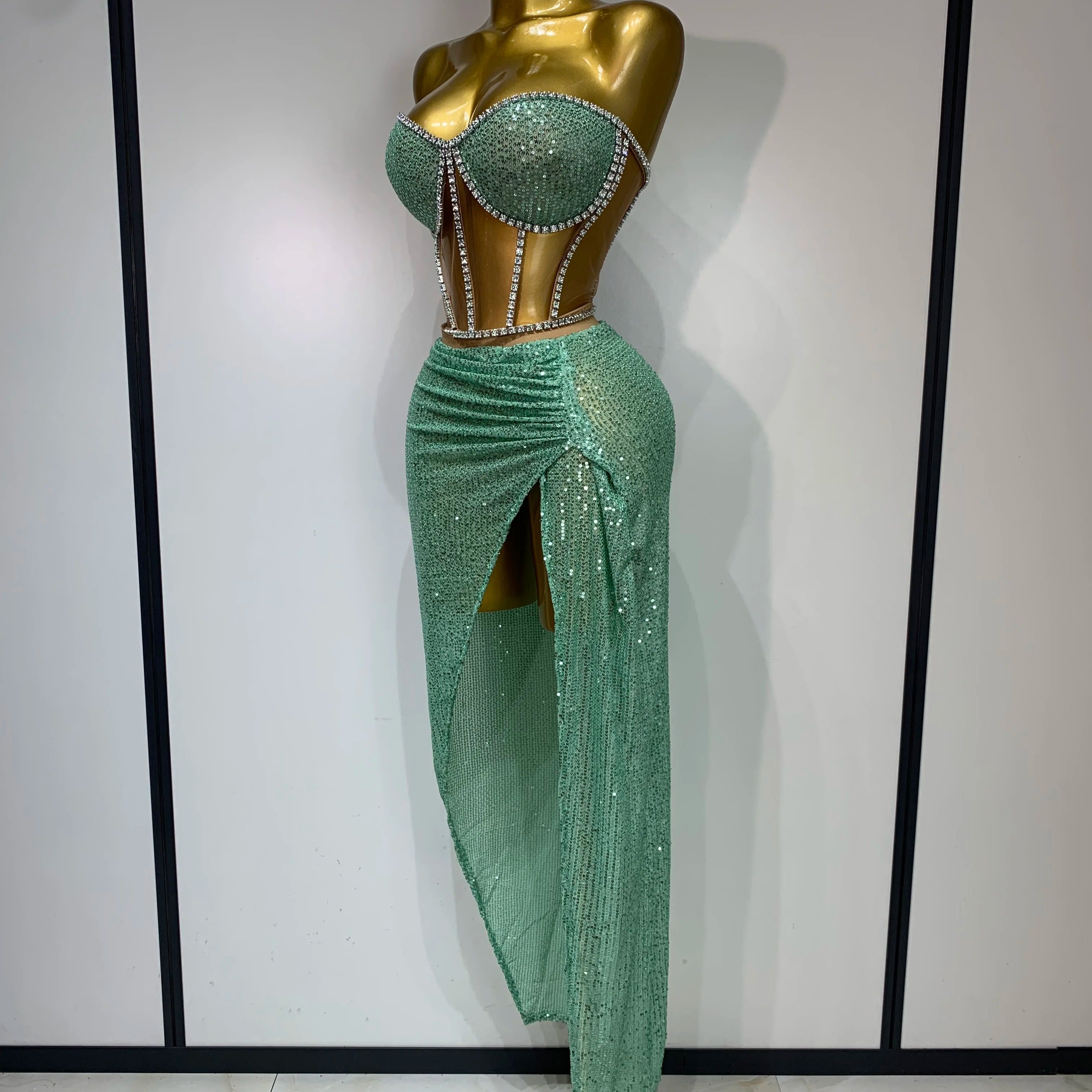 Women Sexy Nightclub Skirt Sets Strapless Diamonds Sequines Two Piece Sets Gogo Performance Outfit Evening Party Birthday Dress