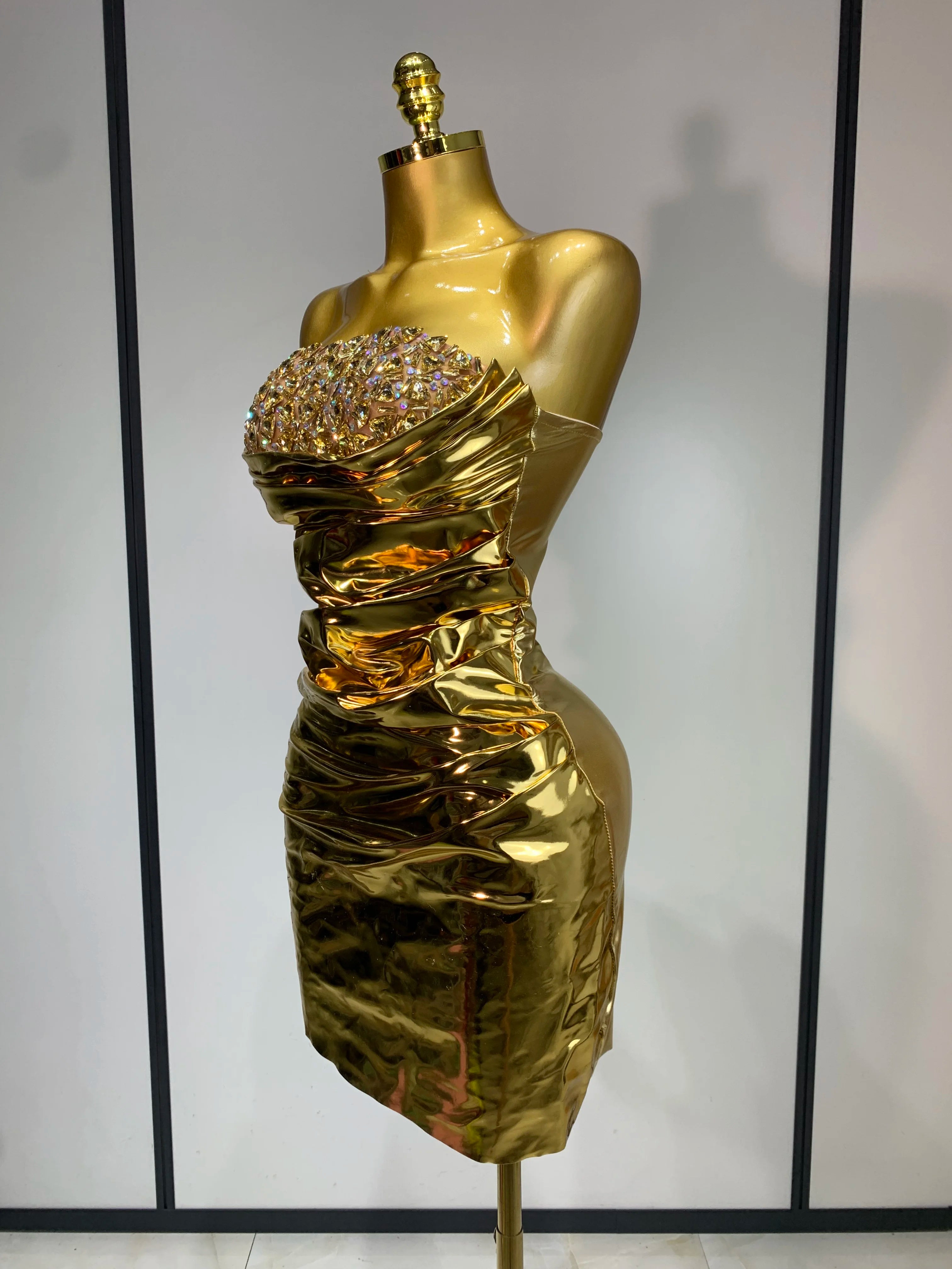 Sparkly Rhinestone Sexy Strapless Bodycon Mini Dress Women Luxury Birthday Evening Party Celebrate Performance Stage Costume