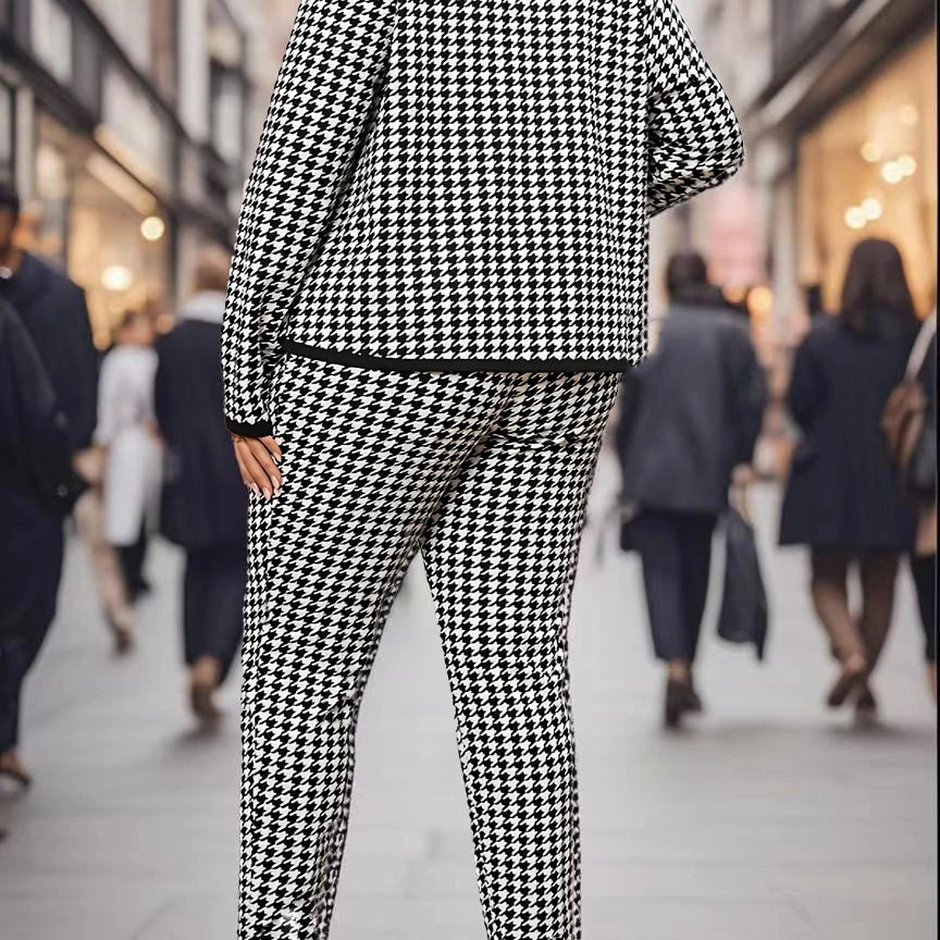 Large size directional elegant and fashionable houndstooth round neck women's long pants set, casual and versatile spring and au