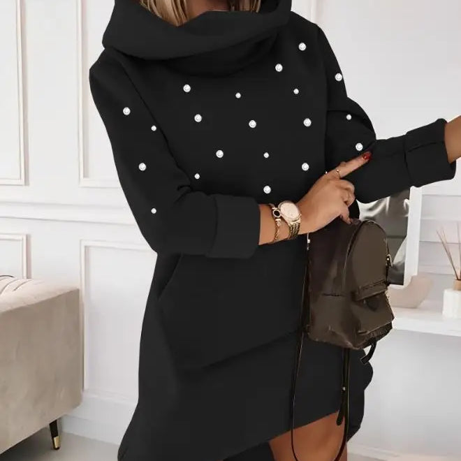 Elegant Dresses for Women Beaded Hooded Casual Sweatshirt Dress Autumn Winter Spring Fashion Casual Female Clothing