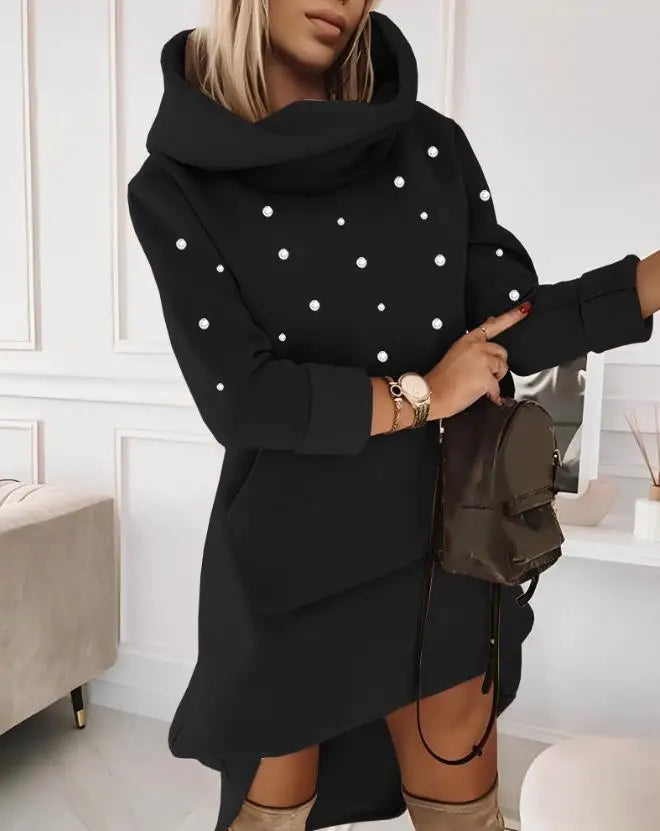 Elegant Dresses for Women Beaded Hooded Casual Sweatshirt Dress Autumn Winter Spring Fashion Casual Female Clothing