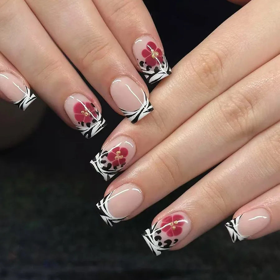 24Pcs Short Square Head Press on Fake Nails Leopard Print French Wearable False Nails Rose Red Flower Shiny Powder Manicure Tips