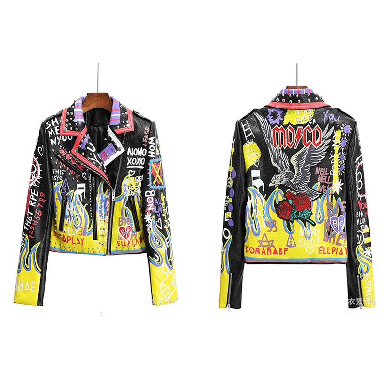 Spring Skull Pattern Graffiti Short Leather Jackets For Punk Women Rivet Slim Streetwear Motorcycle Jackets Coat 14