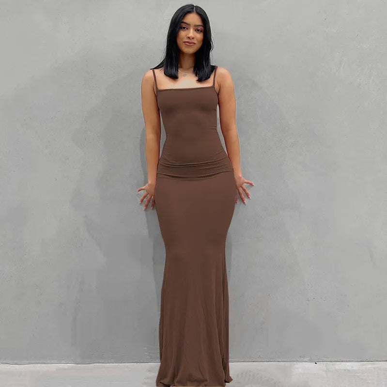 Summer Dresses For Women Sexy Spaghetti Strap Black Long Dress Y2k Sleeveless Solid Skinny Bodycon Trumpet Maxi Vestidos Brown