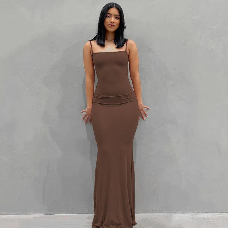 Summer Dresses For Women Sexy Spaghetti Strap Black Long Dress Y2k Sleeveless Solid Skinny Bodycon Trumpet Maxi Vestidos Brown