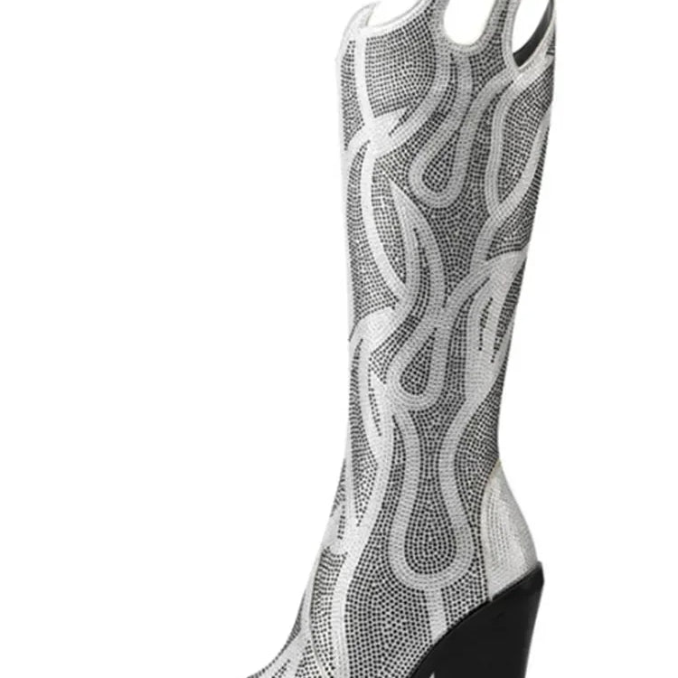 New Women's Rhinestone Flame Ankle Boots Fashion Square Head High Heels Western Boots Party Dress 43 Large Short Boots Silver Long Style