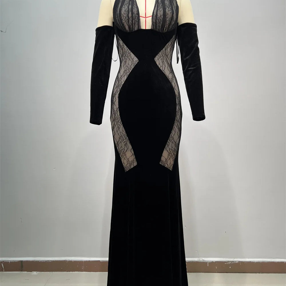 Black Lace Patchwork Velvet Halter　Floor Length Dress Celebrity Party Dress Birthday Vestido