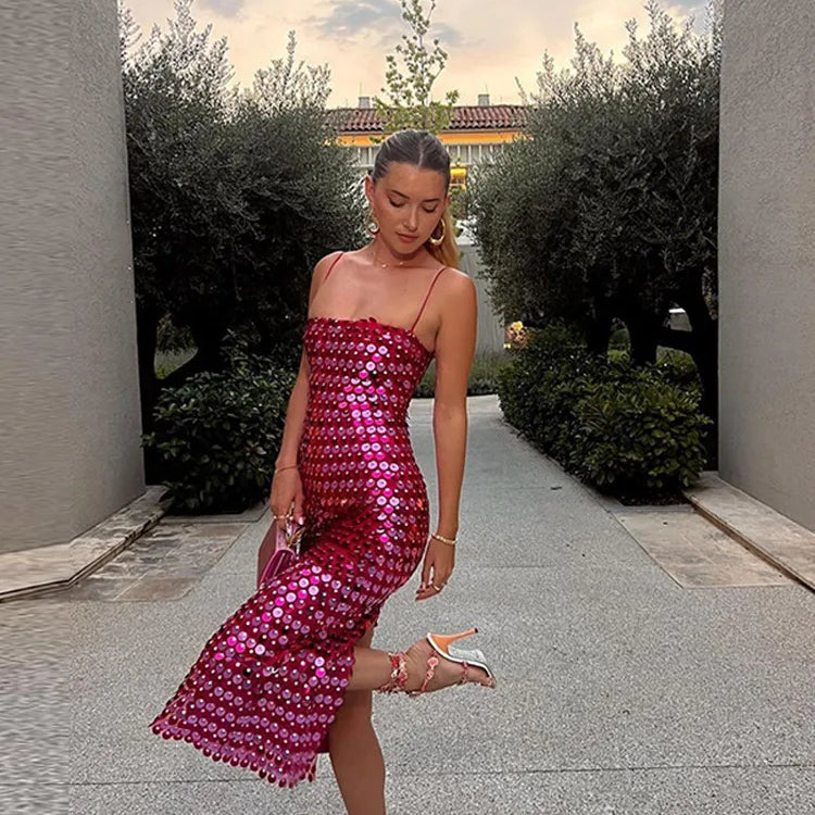 Sequined Tube Top Strap Dress Women Sexy Sleeveless Slim Solid Straight Long Vestidos Fashion Backless Slip Split Evening Robe