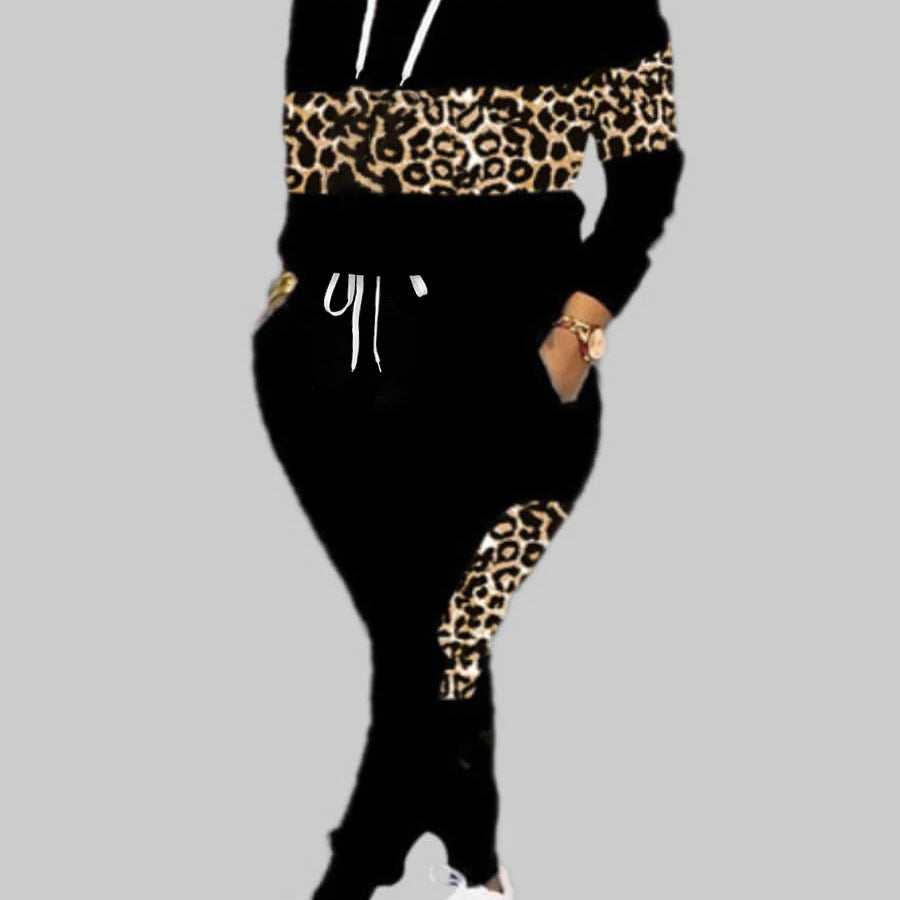 LW Plus Size Hooded Collar Leopard Print Tracksuit Set Drawstring Long Sleeve Hoodie & Pocket Design Pants Two-Pieces Set