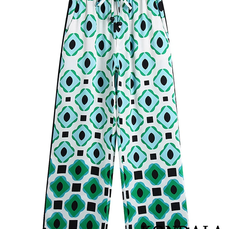 KONDALA Geometric Print Vintage Women Suits Autumn Fashion Oversized Long Shirts and High Waist Wide Leg Pants Women Set pants