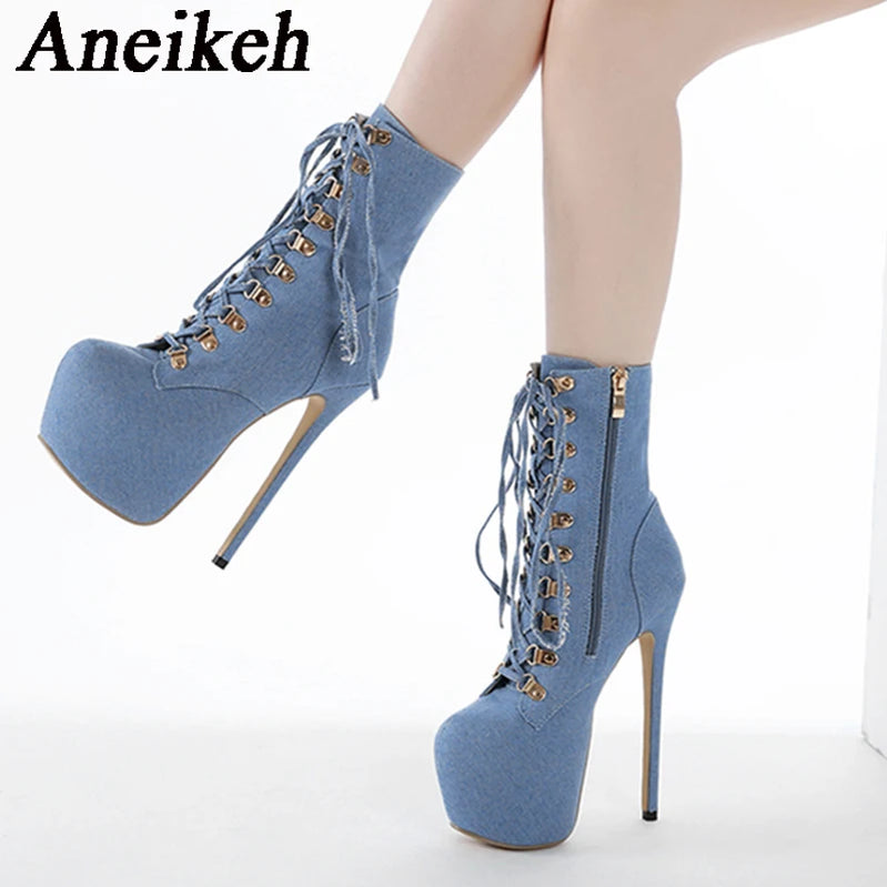 Fashion Blue Denim Classic Lace Up Platform Ankle Boots Platform Heels 16cm Super High Modern Boots Party shoes