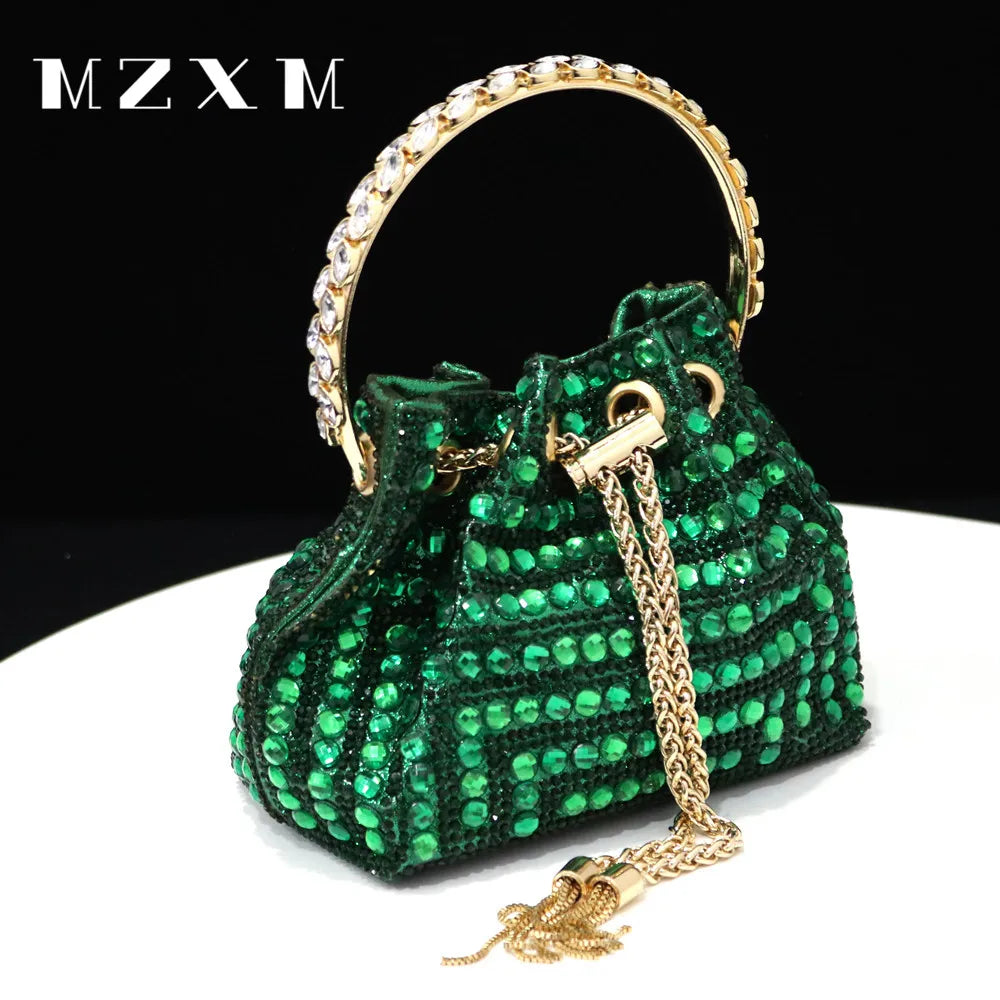 Rhinestones Women Evening Bags Bucket Design Party Day Clutch Soft Mixed Color Handle Design Handbags Purse Mature green 15x9x13cm