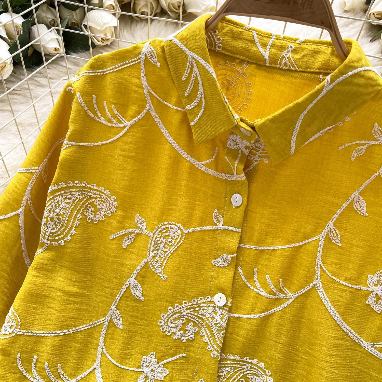 Vintage Elegant Embroidery print turn-down collar Blouse Fashion Single Breasted sweet Shirt  Casual Chic Top Fairy Summer Women