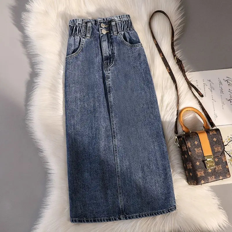 Oversized Casual Solid Button Pockets Denim Skirt Summer Office Lady Vintage Slim Elegant Skirts Spring Korean Fashion Faldas blue