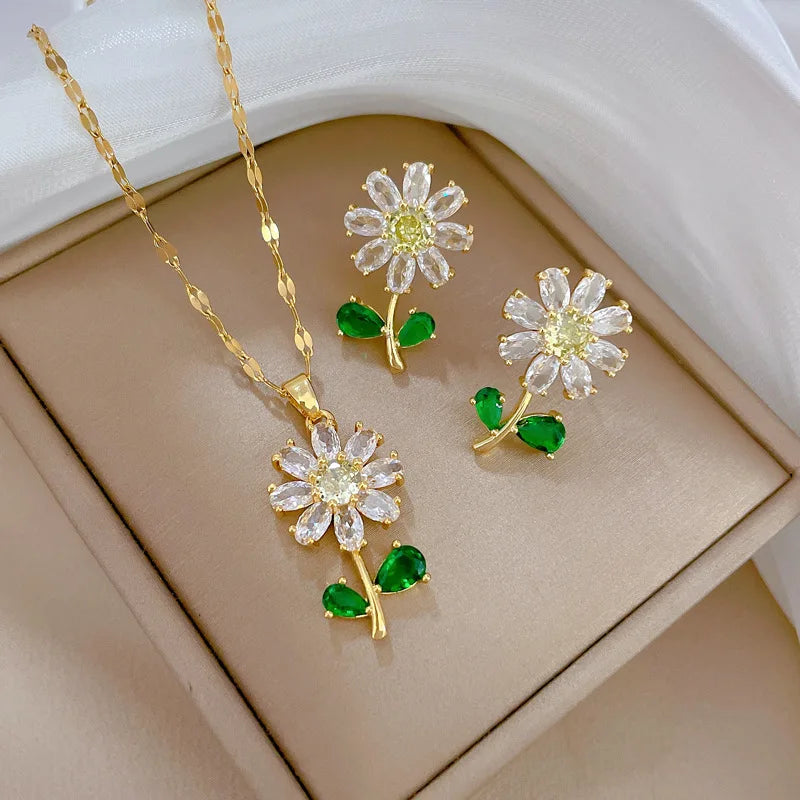 316L Stainless Steel Crystal Flower Pendant Necklace Earrings For Women Girl Fashion New Jewelry Set Lady Gift Party N1972 E4987