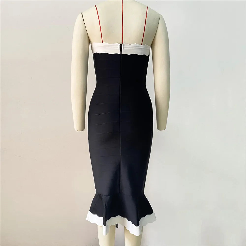 Black Color Women Sleeveless Sexy Strapless Bodycon Mermaid Bandage Mid-calf Dress Nightclub Party Birthday Cocktail Dress