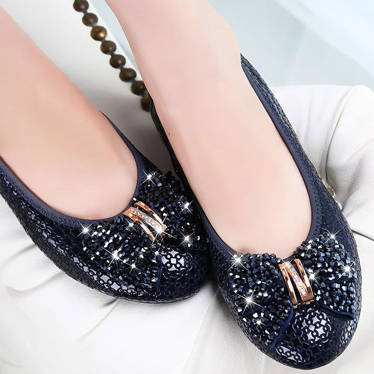 Large Women's Shoes 41-43 Mother's Shoes Soft Soled Real Leather Shoes Bow Single Shoes Scoop Shoes Rhinestone Boat Shoes Flat Blue