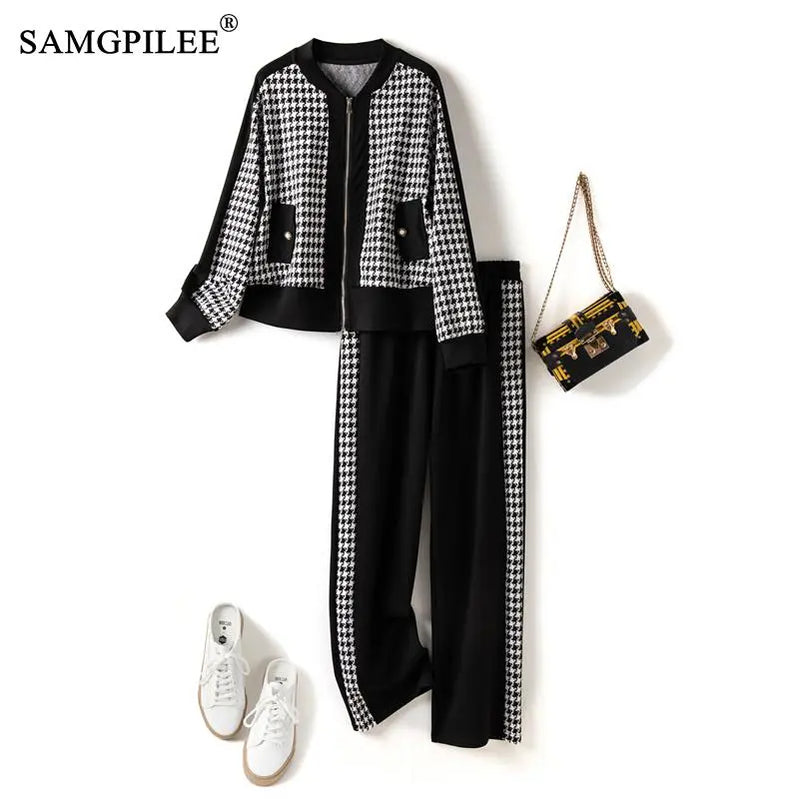 Two Piece Sets Womens Outifits 2024 New Houndstooth Cardigan Jacket Wide Leg Pants Autumn Winter Elegant Women's Sets 4XL