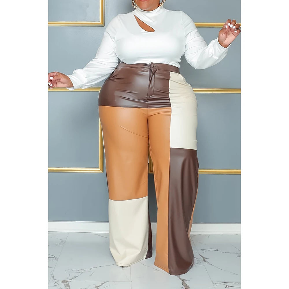 Plus Size Women's Pant Suit Brown Tunic Patchwork PU Leather Fashion Commuting Two Piece Pant Suit