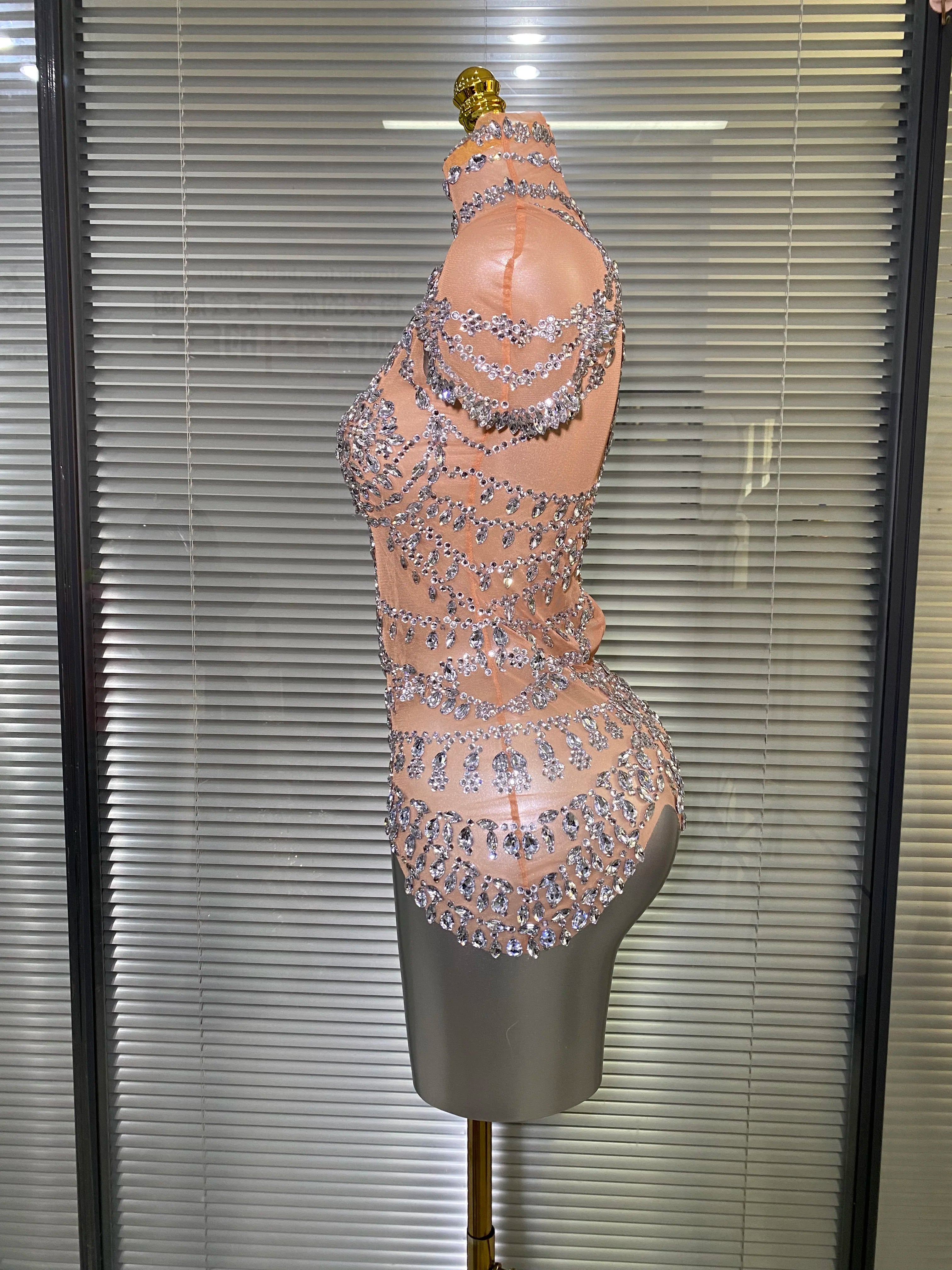 Celebrity New Women Sexy Skin See Through Sheer Diamonds Stretchy Night Club Singer Dancer Stage Costume Party Bodysuit